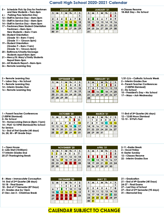 Calendar Carroll High School